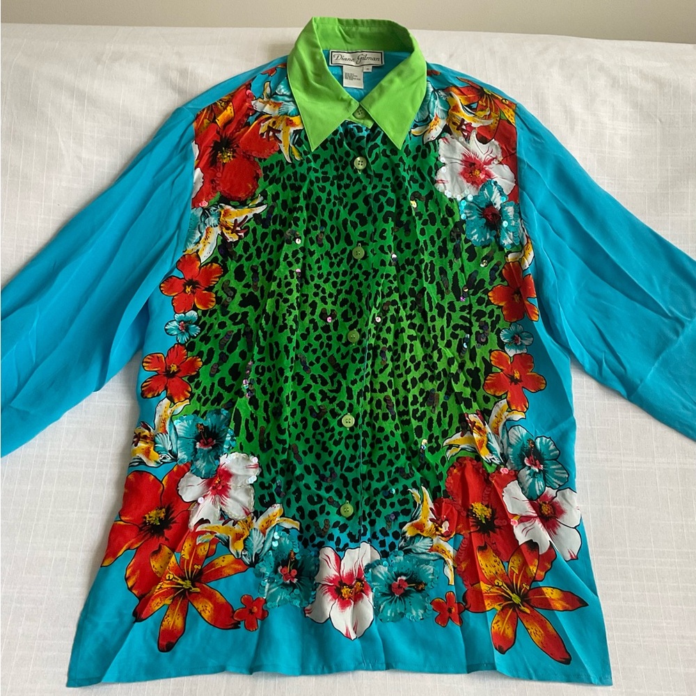 Diane Gilman | Vintage 100% Silk Leopard Floral Sequin Maximalist Blouse | M - Picture 9 of 12